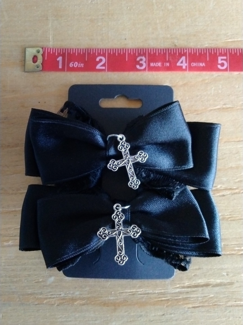 Black Bow Hair Clips with Silver Cross Accent - Kids Accessories